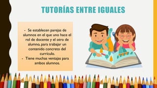 TUTORÍAS ENTRE IGUALES
- Se establecen parejas de
alumnos en el que uno hace el
rol de docente y el otro de
alumno, para trabajar un
contenido concreto del
currículo.
- Tiene muchas ventajas para
ambos alumnos.
 