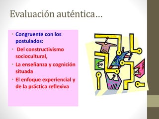 Evaluación auténtica…
• Congruente con los
postulados:
• Del constructivismo
sociocultural,
• La enseñanza y cognición
situada
• El enfoque experiencial y
de la práctica reflexiva
 