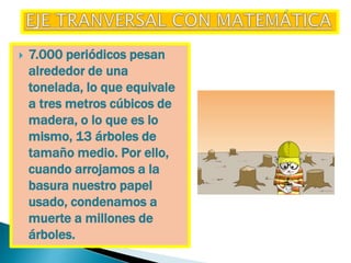  7.000 periódicos pesan
alrededor de una
tonelada, lo que equivale
a tres metros cúbicos de
madera, o lo que es lo
mismo, 13 árboles de
tamaño medio. Por ello,
cuando arrojamos a la
basura nuestro papel
usado, condenamos a
muerte a millones de
árboles.
 