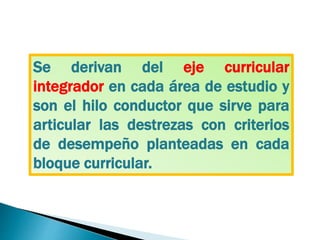 Se derivan del eje curricular
integrador en cada área de estudio y
son el hilo conductor que sirve para
articular las destrezas con criterios
de desempeño planteadas en cada
bloque curricular.
 