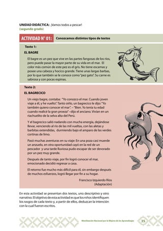 UNIDAD DIDÁCTICA: ¡Vamos todos a pescar!
(segundo grado)


 ACTIVIDAD N° 01:           Conozcamos distintos tipos de textos

    Texto 1:
   EL BAGRE
      El bagre es un pez que vive en las partes fangosas de los ríos,
      pero puede pasar la mayor parte de su vida en el mar. El
      color más común de este pez es el gris. No tiene escamas y
      posee una cabeza y hocico grande. Tiene unas largas barbas,
      por lo que también se le conoce como “pez gato”. Su carne es
      sabrosa y con pocas espinas.

   Texto 2:
   EL BAGRECICO
      Un viejo bagre, contaba: “Yo conozco el mar. Cuando joven
      viaje a él, y he vuelto”. Tanto oírlo, un bagrecico le dijo: “Yo
      también quiero conocer el mar”. – “Bien. Yo tenía tu edad
      cuando realicé la gran proeza” –dijo el anciano. Vivían en un
      riachuelito de la selva alta del Perú.
      Y el bagrecico salió nadando con mucha energía, dejándose
      llevar, venciendo al río de las mil vueltas, con las aletas y
      barbitas extendidas, durmiendo bajo el amparo de las verdes
      cortinas de limo.
      Pasó muchas aventuras en su viaje: En una poza casi muerde
      un anzuelo, en otra oportunidad cayó en la red de un
      pescador y una tarde lluviosa pudo escapar de ser devorado
      por un pez muy grande.
      Después de tanto viaje, por fin logró conocer el mar,
      emocionado decidió regresar a casa.
      El retorno fue mucho más difícil para él, sin embargo después
      de muchos esfuerzos, logró llegar por fin a su hogar.
                                              Francisco Izquierdo Ríos
                                                          (Adaptación)

En esta actividad se presentan dos textos, uno descriptivo y otro
narrativo. El objetivo de esta actividad es que los niños identifiquen
los rasgos de cada texto y, a partir de ellos, deduzcan la intención
con la cual fueron escritos.



                                                Movilización Nacional por la Mejora de los Aprendizajes   35
 