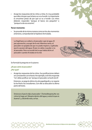 •		 Acoge las respuestas de los niños y niñas. Es muy probable
    que ellos intuyan que la barca se va a hundir. Lo importante
    es encontrar pistas de por qué se va a hundir. Los niños
    deberán responder: “porque el barco era pequeño” o
    “porque la ola era enorme”.

Tercer momento:
•		 Se procede de la misma manera como en los dos momentos
    anteriores, comprobando la hipótesis formulada.


    La frágil barca se volteó y el pescador cayó al agua. El
    pez aprovechó y escapó de la red. Mientras tanto, el
    pescador se quejaba de que no podía respirar y suplicaba
    que lo sacaran del agua. El pez no sabía si ayudar o no
    al pescador. Pero se acordó de lo que había dicho el
    pescador cuando él estaba en la red.




Se formula la pregunta en la pizarra:

¿El pez salvó al pescador?
¿Por qué?
•		 Acoge las respuestas de los niños. Sus justificaciones deben
    ser consistentes con el texto. Por ejemplo, si el niño responde
    “no”, debe justificar así: “porque el pescador se burló de él”.
   Entonces, se pega la última tira de papelógrafo y se reparte
   la tira final a los estudiantes. Con ello se descubre la última
   parte del texto.



    Entonces el pez le dijo al pescador: “¡Tonto!¡Respira!¿No ves
    cómo lo hago yo? ¡Respira dentro del agua y verás lo que es
    bueno!”, y, diciendo esto, se fue.




                                                Movilización Nacional por la Mejora de los Aprendizajes   41
 