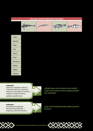 •		 Dutika ashí amuka ukuaku, yabai uchi aidau diistajum juju umikag nunú tusa tumainai.

                                           ¿Yaa juju namak aidaunash maawaje?

             Namak



        Uchi
        aidau                     tsuutsum                      pepen              chuwiu            katiish

           Tuyas                       X                                                               X
           Waniak                                                  X                 X                 X
           Paati                       X                           X                 X
           Tiwi                                                    X                 X
           Yanas                       X                           X                 X                 X
           Pinas                                                                                       X
           Sanchum                     X                                                               X
           Kakias                                                                    X                 X
           Wepiu                       X                                                               X
           Shimpu                      X                           X                                   X

       •		 Juna diisagmatai, ditajai ijuntuja takasbauwa nunu pachisa augmatmainai.


Indicador:
Expresa sus hipótesis sobre el                                       ¿Wagka juju cartel tutaiya dusha takaji?
contenido del texto a partir de
indicios encontrados en él (título,
                                                                     ¿Juju cartel tutaiya dusha wagkag daajish
imágenes, silueta del texto,                                         aan adaitukji?
palabras significativas).




Indicador:
Se anticipa al contenido                                             ¿Juju cartel najanag dusha wajina pachisa
del texto respondiendo a                                             etsejua?
preguntas, durante la lectura.




      60          Movilización Nacional por la Mejora de los Aprendizajes
 