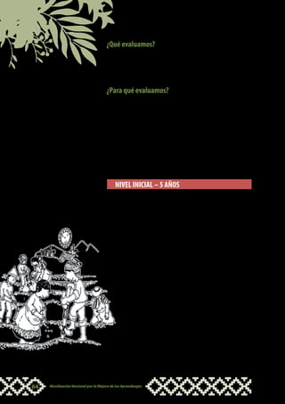 ¿Qué evaluamos?
                                           Se evalúa la competencia a partir de las capacidades,
                                           conocimientos y actitudes del área, para lo cual es necesario
                                           formular indicadores de logro que te permitan observar lo
                                           que sabe hacer cada niño o niña respecto a la capacidad.

                                           ¿Para qué evaluamos?
                                           •		 Para reflexionar sobre la pertinencia de las estrategias
                                               didácticas aplicadas.
                                           •		 Para tomar decisiones que ayuden al niño y niña a
                                               mejorar sus aprendizajes.
                                           •		 Para que los estudiantes	 pueda reconocer sus logros,
                                               afianzar lo aprendido y superar sus dificultades.
                                           •		 Para tener argumentos claros para explicar a los padres
                                               de familia cómo pueden ayudar a sus hijos e hijas en la
                                               escuela.


  Gracias Apus                                  NIVEL INICIAL – 5 AÑOS
por darnos aguita
  para nuestra                             La evaluación de la lectura en inicial 5 años tiene como
  Pachamama                                finalidad identificar el nivel en el que se encuentran los niños
                                           y las niñas con respecto a las capacidades de lectura. Esta
                                           actividad se debe llevar a cabo en situaciones reales, en las
                                           que las imágenes se leen con diversos propósitos.
                                           La imagen que se propone para la lectura, y las capacidades
                                           e indicadores, corresponden al inicio del año escolar.
                                           Posteriormente se puede proponer la lectura de textos cortos
                                           y sencillos acompañados de imágenes que expresen lo que
                                           dice el texto.
                                                                                            EJEMPLO 1:
                                                                                   Lectura de imágenes



                                                               Querida madre
                                                               danos siempre
                                                                 tus frutos.




 64      Movilización Nacional por la Mejora de los Aprendizajes
 