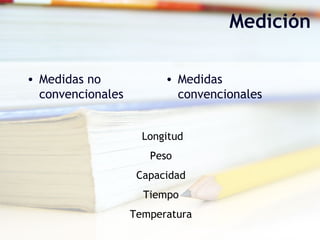 Medición
• Medidas no
convencionales
• Medidas
convencionales
Longitud
Peso
Capacidad
Tiempo
Temperatura
 