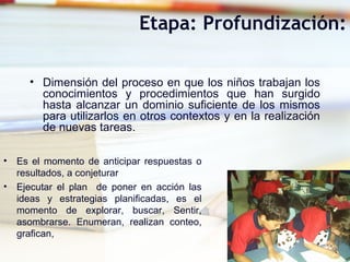 Etapa: Profundización:
• Dimensión del proceso en que los niños trabajan los
conocimientos y procedimientos que han surgido
hasta alcanzar un dominio suficiente de los mismos
para utilizarlos en otros contextos y en la realización
de nuevas tareas.
• Es el momento de anticipar respuestas o
resultados, a conjeturar
• Ejecutar el plan de poner en acción las
ideas y estrategias planificadas, es el
momento de explorar, buscar, Sentir,
asombrarse. Enumeran, realizan conteo,
grafican,
 