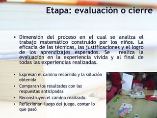 Etapa: evaluación o cierre
• Dimensión del proceso en el cual se analiza el
trabajo matemático construido por los niños. La
eficacia de las técnicas, las justificaciones y el logro
de los aprendizajes esperados. Se realiza la
evaluación en la experiencia vivida y al final de
todas las experiencias realizadas.
• Expresan el camino recorrido y la solución
obtenida
• Comparan los resultados con las
respuestas anticipadas
• Reconstruyen el camino realizado.
• Reflexionar luego del juego, contar lo
que pasó
 