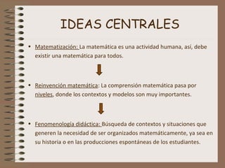 IDEAS CENTRALES
• Matematización: La matemática es una actividad humana, así, debe
existir una matemática para todos.
• Reinvención matemática: La comprensión matemática pasa por
niveles, donde los contextos y modelos son muy importantes.
• Fenomenología didáctica: Búsqueda de contextos y situaciones que
generen la necesidad de ser organizados matemáticamente, ya sea en
su historia o en las producciones espontáneas de los estudiantes.
 