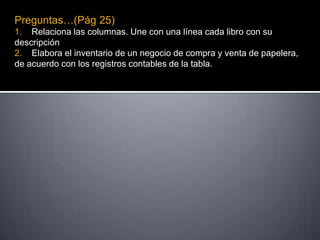 Preguntas…(Pág 25)
1. Relaciona las columnas. Une con una línea cada libro con su
descripción
2. Elabora el inventario de un negocio de compra y venta de papelera,
de acuerdo con los registros contables de la tabla.
 