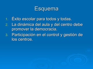 Esquema Éxito escolar para todos y todas. La dinámica del aula y del centro debe promover la democracia. Participación en el control y gestión de los centros.  