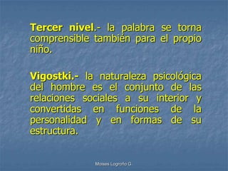 Tercer nivel.- la palabra se torna
comprensible también para el propio
niño.

Vigostki.- la naturaleza psicológica
del hombre es el conjunto de las
relaciones sociales a su interior y
convertidas en funciones de la
personalidad y en formas de su
estructura.


             Moises Logroño G.
 