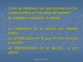    Cómo se establece las operaciones con los
    conocimientos en los actos del pensar?
   Se establece mediante 3 etapas:

   La realización de la acción con objetos
    reales.
   La verbalización en la que el niño enuncia
    la acción.
   La interiorización de la acción, y por
    ultimo.
                   Moises Logroño G.
 