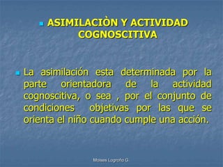    ASIMILACIÒN Y ACTIVIDAD
                COGNOSCITIVA


   La asimilación esta determinada por la
    parte orientadora de la actividad
    cognoscitiva, o sea , por el conjunto de
    condiciones     objetivas por las que se
    orienta el niño cuando cumple una acción.


                   Moises Logroño G.
 