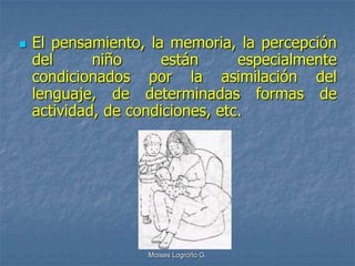    El pensamiento, la memoria, la percepción
    del      niño     están       especialmente
    condicionados por la asimilación del
    lenguaje, de determinadas formas de
    actividad, de condiciones, etc.




                    Moises Logroño G.
 