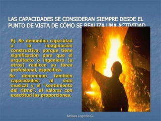 Ej. Se denomina capacidad
a       la      imaginación
constructiva, porque tiene
significación para que el
arquitecto o ingeniero (u
otros) realicen su tarea
profesional, específica.
Se   denominan       también
capacidades:      al     oído
musical y el “sentimiento
del ritmo”, al valorar con
exactitud las proporciones.



                          Moises Logroño G.
 