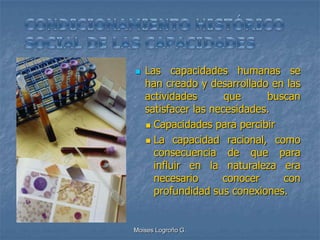    Las capacidades humanas se
    han creado y desarrollado en las
    actividades       que     buscan
    satisfacer las necesidades.
     Capacidades para percibir

     La capacidad racional, como
      consecuencia de que para
      influir en la naturaleza era
      necesario      conocer     con
      profundidad sus conexiones.


Moises Logroño G.
 
