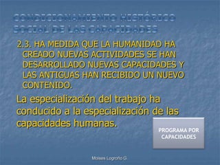 2.3. HA MEDIDA QUE LA HUMANIDAD HA
 CREADO NUEVAS ACTIVIDADES SE HAN
 DESARROLLADO NUEVAS CAPACIDADES Y
 LAS ANTIGUAS HAN RECIBIDO UN NUEVO
 CONTENIDO.
La especialización del trabajo ha
conducido a la especialización de las
capacidades humanas.
                                     PROGRAMA POR
                                      CAPACIDADES


                 Moises Logroño G.
 