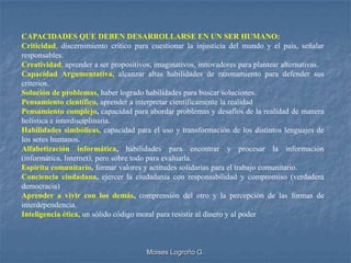CAPACIDADES QUE DEBEN DESARROLLARSE EN UN SER HUMANO:
Criticidad, discernimiento crítico para cuestionar la injusticia del mundo y el país, señalar
responsables.
Creatividad, aprender a ser propositivos, imaginativos, innovadores para plantear alternativas.
Capacidad Argumentativa, alcanzar altas habilidades de razonamiento para defender sus
criterios.
Solución de problemas, haber logrado habilidades para buscar soluciones.
Pensamiento científico, aprender a interpretar científicamente la realidad
Pensamiento complejo, capacidad para abordar problemas y desafíos de la realidad de manera
holística e interdisciplinaria.
Habilidades simbólicas, capacidad para el uso y transformación de los distintos lenguajes de
los seres humanos.
Alfabetización informática, habilidades para encontrar y procesar la información
(informática, Internet), pero sobre todo para evaluarla.
Espíritu comunitario, formar valores y actitudes solidarias para el trabajo comunitario.
Conciencia ciudadana, ejercer la ciudadanía con responsabilidad y compromiso (verdadera
democracia)
Aprender a vivir con los demás, comprensión del otro y la percepción de las formas de
interdependencia.
Inteligencia ética, un sólido código moral para resistir al dinero y al poder



                                       Moises Logroño G.
 