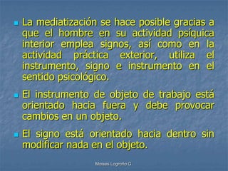    La mediatización se hace posible gracias a
    que el hombre en su actividad psíquica
    interior emplea signos, así como en la
    actividad práctica exterior, utiliza el
    instrumento, signo e instrumento en el
    sentido psicológico.
   El instrumento de objeto de trabajo está
    orientado hacia fuera y debe provocar
    cambios en un objeto.
   El signo está orientado hacia dentro sin
    modificar nada en el objeto.
                   Moises Logroño G.
 