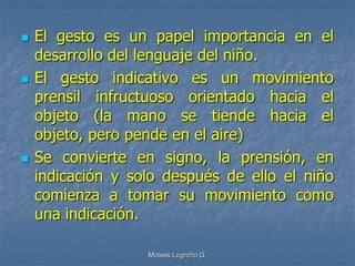    El gesto es un papel importancia en el
    desarrollo del lenguaje del niño.
   El gesto indicativo es un movimiento
    prensil infructuoso orientado hacia el
    objeto (la mano se tiende hacia el
    objeto, pero pende en el aire)
   Se convierte en signo, la prensión, en
    indicación y solo después de ello el niño
    comienza a tomar su movimiento como
    una indicación.

                   Moises Logroño G.
 