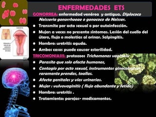 ENFERMEDADES ETS
GONORREA: enfermedad venérea y antigua. Diplococo
   Neisseria gonorrhoeae o gonococo de Neisser.
• Transmite por acto sexual o por autoinfección.
• Mujer: a veces no presenta síntomas. Lesión del cuello del
   útero, flujo o molestias al orinar. Salpingitis.
• Hombre: uretritis aguda.
• Ambos casos puede causar esterilidad.
TRICOMONIASIS: protozoos Trichomonas vaginalis
• Parasito que solo afecta humanos,
• Contagio por acto sexual, instrumentos ginecologicos,
  raramente prendas, toallas.
• Afecta genitales y vías urinarias.
• Mujer : vulvovaginitis ( flujo abundante y fetido)
• Hombre: uretritis .
• Tratamiento: parejas- medicamentos.
 