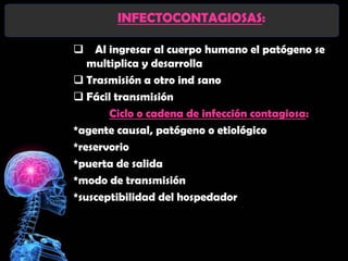 INFECTOCONTAGIOSAS:

 Al ingresar al cuerpo humano el patógeno se
   multiplica y desarrolla
 Trasmisión a otro ind sano
 Fácil transmisión
       Ciclo o cadena de infección contagiosa:
*agente causal, patógeno o etiológico
*reservorio
*puerta de salida
*modo de transmisión
*susceptibilidad del hospedador
 
