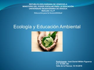 REPUBLICA BOLIVARIANA DE VENEZUELA
MINISTERIO DEL PODER POPULAR PARA LA EDUCACIÓN
UNIVERSIDAD BICENTENARIA DE ARAGUA
NUCLEO: V.L P
Educación para la Sostenibilidad
Ecología y Educación Ambiental
Participante: José Daniel Millán Figueroa
C.I: 16.506.126
Valle de la Pascua, 14-10-2016
 