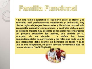 “ En una familia operativa el equilibrio entre el afecto y la
autoridad está perfectamente establecido y delimitado, hay
ciertas reglas de juegos demarcadas y discutidas hasta donde
sea posible encontrar compromisos y contratos viables, pero
de ninguna manera hay de parte de las personas encargadas
del proceso educativo, los padres, una pérdida de su
jerarquía, de su derecho             a definir las líneas
comportamentales de convivencia y los roles que cada uno de
sus integrantes debe asumir, en beneficio de todos y cada
uno de sus integrantes, ya que el vínculo fundamental que los
une es el afecto.” MOLES (2007)
 