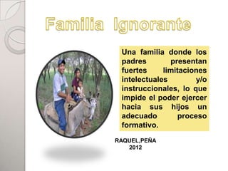 Una familia donde los
 padres        presentan
 fuertes     limitaciones
 intelectuales        y/o
 instruccionales, lo que
 impide el poder ejercer
 hacia sus hijos un
 adecuado        proceso
 formativo.
RAQUEL,PEÑA
   2012
 