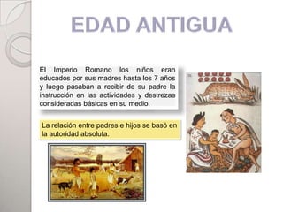 El Imperio Romano los niños eran
educados por sus madres hasta los 7 años
y luego pasaban a recibir de su padre la
instrucción en las actividades y destrezas
consideradas básicas en su medio.


La relación entre padres e hijos se basó en
la autoridad absoluta.
 