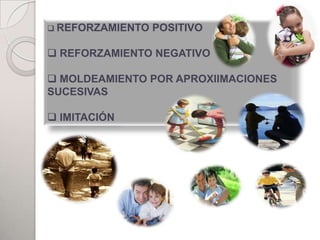  REFORZAMIENTO   POSITIVO

 REFORZAMIENTO NEGATIVO

 MOLDEAMIENTO POR APROXIIMACIONES
SUCESIVAS

 IMITACIÓN
 