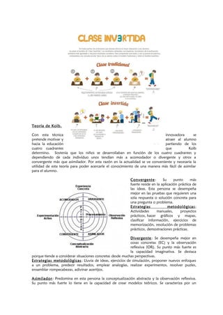 Teoría de Kolb.
Con esta técnica innovadora se
pretende motivar y atraer al alumno
hacia la educación partiendo de los
cuatro cuadrantes que Kolb
determino. Sostenía que los niños se desarrollaban en función de los cuatro cuadrantes y
dependiendo de cada individuo unos tendían más a acomodador o divergente y otros a
convergente más que asimilador. Por esta razón en la actualidad se ve conveniente y necesaria la
utilidad de esta teoría para poder acercarle el conocimiento de una manera más fácil de asimilar
para el alumno.
Convergente: Su punto más
fuerte reside en la aplicación práctica de
las ideas. Esta persona se desempeña
mejor en las pruebas que requieren una
sola respuesta o solución concreta para
una pregunta o problema.
Estrategias metodológicas;
Actividades manuales, proyectos
prácticos, hacer gráficos y mapas,
clasificar información, ejercicios de
memorización, resolución de problemas
prácticos, demostraciones prácticas.
Divergente: Se desempeña mejor en
cosas concretas (EC) y la observación
reflexiva (OR). Su punto más fuerte es
la capacidad imaginativa. Se destaca
porque tiende a considerar situaciones concretas desde muchas perspectivas.
Estrategias metodológicas; Lluvia de ideas, ejercicios de simulación, proponer nuevos enfoques
a un problema, predecir resultados, emplear analogías, realizar experimentos, resolver puzles,
ensamblar rompecabezas, adivinar acertijos.
Asimilador: Predomina en esta persona la conceptualización abstracta y la observación reflexiva.
Su punto más fuerte lo tiene en la capacidad de crear modelos teóricos. Se caracteriza por un
 