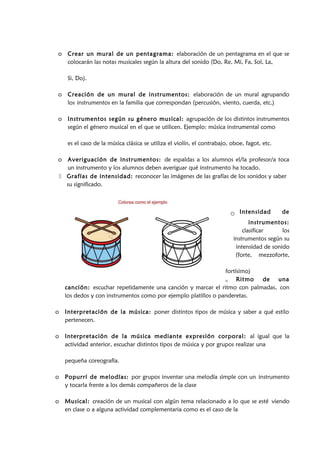 o Crear un mural de un pentagrama: elaboración de un pentagrama en el que se
colocarán las notas musicales según la altura del sonido (Do, Re, Mi, Fa, Sol, La,
Si, Do).
o Creación de un mural de instrumentos: elaboración de un mural agrupando
los instrumentos en la familia que correspondan (percusión, viento, cuerda, etc.)
o Instrumentos según su género musical: agrupación de los distintos instrumentos
según el género musical en el que se utilicen. Ejemplo: música instrumental como
es el caso de la música clásica se utiliza el violín, el contrabajo, oboe, fagot, etc.
o Averiguación de instrumentos: de espaldas a los alumnos el/la profesor/a toca
un instrumento y los alumnos deben averiguar qué instrumento ha tocado.
 Grafías de intensidad: reconocer las imágenes de las grafías de los sonidos y saber
su significado.
o Intensidad de
instrumentos:
clasificar los
instrumentos según su
intensidad de sonido
(forte, mezzoforte,
fortísimo)
o Ritmo de una
canción: escuchar repetidamente una canción y marcar el ritmo con palmadas, con
los dedos y con instrumentos como por ejemplo platillos o panderetas.
o Interpretación de la música: poner distintos tipos de música y saber a qué estilo
pertenecen.
o Interpretación de la música mediante expresión corporal: al igual que la
actividad anterior, escuchar distintos tipos de música y por grupos realizar una
pequeña coreografía.
o Popurrí de melodías: por grupos inventar una melodía simple con un instrumento
y tocarla frente a los demás compañeros de la clase
o Musical: creación de un musical con algún tema relacionado a lo que se esté viendo
en clase o a alguna actividad complementaria como es el caso de la
 