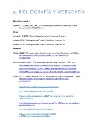 6. BIBLIOGRAFÍA Y WEBGRAFÍA
Disposiciones legales.
DECRETO 54-2014/ 10/07/2014 .Currículo de la Educación Primaria en la Comunidad
Autónoma de Castilla-La Mancha
Libros.
Hernández ,F.(2003). ”Educación y cultura visual”.Barcelona.Octaedro.
Nuñez,L.(2007).”Dibujo y pintura 2”.Madrid. Santillana Educación ,S.L
Nuñez,L.(2009).”Dibujo y pintura 6”.Madrid. Santillana Educación ,S.L
Webgrafía.
Malaika.(2012). “Mi cuaderno de música”[mensaje en un blog].Consultado 14/11/14 en
http://musicaenmisclases.blogspot.com.es/2012/10/actividad-n-6-
polirritmia.html
Ministerio de educación.(1992). “Área de educación artística” consultado 13/11/14 en
http://books.google.es/books?id=RPRloNdLTEAC&pg=PA137&dq=evaluacion+e
n+la+educacion+artisticca&hl=es&sa=X&ei=_KxmVMGwFaTgywPSioKgDw&ved
=0CDMQ6AEwAw#v=snippet&q=evaluacion%20en%20la%20educacion%20a&f =false
Tiching.(2013). “El blog de educación y tic.”[mensaje en un blog].Consultado 13/11/14 en
http://musicaenmisclases.blogspot.com.es/2012/10/actividad-n-6-
polirritmia.html
https://miclase.wordpress.com/category/6-plastica/
http://www.rinconmaestro.es/arte/arte.html
http://laeduteca.blogspot.com.es/2014/10/recursos-primaria-completo-
cuaderno-con.html
http://lluviadeideasyrecursos.blogspot.com.es/2013/04/recursos-manualidades-
y-actividades-de.html
http://actividadesinfantil.com/temas/plastica
http://servicios.educarm.es/admin/webForm.php?
ar=975&mode=visualizaAplicacionWeb&ap
 