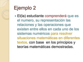 Ejemplo 2


El(la) estudiante comprenderá que es
el numero, su representación las
relaciones y las operaciones que
existen entre ellos en cada uno de los
sistemas numéricos para resolver
situaciones matemáticas en diferentes
textos, con base en los principios y
teorías matemáticas demostradas.

 
