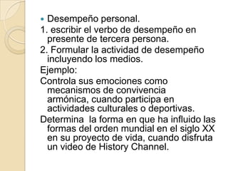 Desempeño personal.
1. escribir el verbo de desempeño en
presente de tercera persona.
2. Formular la actividad de desempeño
incluyendo los medios.
Ejemplo:
Controla sus emociones como
mecanismos de convivencia
armónica, cuando participa en
actividades culturales o deportivas.
Determina la forma en que ha influido las
formas del orden mundial en el siglo XX
en su proyecto de vida, cuando disfruta
un video de History Channel.


 