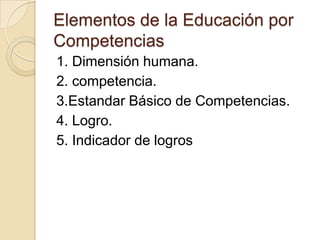 Elementos de la Educación por
Competencias
1. Dimensión humana.
2. competencia.
3.Estandar Básico de Competencias.
4. Logro.
5. Indicador de logros

 