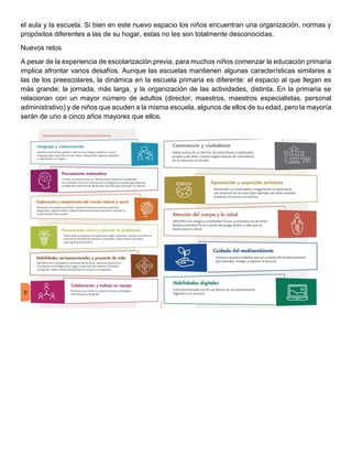 el aula y la escuela. Si bien en este nuevo espacio los niños encuentran una organización, normas y
propósitos diferentes a las de su hogar, estas no les son totalmente desconocidas.
Nuevos retos
A pesar de la experiencia de escolarización previa, para muchos niños comenzar la educación primaria
implica afrontar varios desafíos. Aunque las escuelas mantienen algunas características similares a
las de los preescolares, la dinámica en la escuela primaria es diferente: el espacio al que llegan es
más grande; la jornada, más larga, y la organización de las actividades, distinta. En la primaria se
relacionan con un mayor número de adultos (director, maestros, maestros especialistas, personal
administrativo) y de niños que acuden a la misma escuela, algunos de ellos de su edad, pero la mayoría
serán de uno a cinco años mayores que ellos.
 