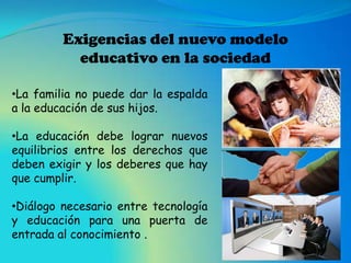 Exigencias del nuevo modelo
           educativo en la sociedad

•La familia no puede dar la espalda
a la educación de sus hijos.

•La educación debe lograr nuevos
equilibrios entre los derechos que
deben exigir y los deberes que hay
que cumplir.

•Diálogo necesario entre tecnología
y educación para una puerta de
entrada al conocimiento .
 