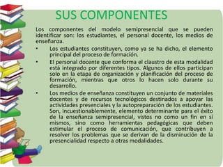 SUS COMPONENTES 
Los componentes del modelo semipresencial que se pueden 
identificar son: los estudiantes, el personal docente, los medios de 
enseñanza. 
• Los estudiantes constituyen, como ya se ha dicho, el elemento 
principal del proceso de formación. 
• El personal docente que conforma el claustro de esta modalidad 
está integrado por diferentes tipos. Algunos de ellos participan 
solo en la etapa de organización y planificación del proceso de 
formación, mientras que otros lo hacen solo durante su 
desarrollo. 
• Los medios de enseñanza constituyen un conjunto de materiales 
docentes y de recursos tecnológicos destinados a apoyar las 
actividades presenciales y la autopreparación de los estudiantes. 
Son, incuestionablemente, elemento determinante para el éxito 
de la enseñanza semipresencial, vistos no como un fin en sí 
mismos, sino como herramientas pedagógicas que deben 
estimular el proceso de comunicación, que contribuyen a 
resolver los problemas que se derivan de la disminución de la 
presencialidad respecto a otras modalidades. 
 