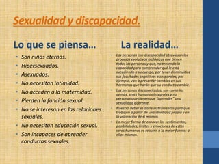Sexualidad y discapacidad. 
Lo que se piensa… 
• Son niños eternos. 
• Hipersexuados. 
• Asexuados. 
• No necesitan intimidad. 
• No acceden a la maternidad. 
• Pierden la función sexual. 
• No se interesan en las relaciones 
sexuales. 
• No necesitan educación sexual. 
• Son incapaces de aprender 
conductas sexuales. 
La realidad… 
• Las personas con discapacidad atraviesan los 
procesos evolutivos biológicos que tienen 
todas las personas y que, no teniendo la 
capacidad para comprender qué le está 
sucediendo a su cuerpo, por tener disminuidas 
sus facultades cognitivas o corporales, por 
ejemplo, van a presentar cambios en sus 
hormonas que harán que su conducta cambie. 
• Las personas discapacitadas, son como las 
demás, seres humanos integrales y no 
personas que tienen que “aprender” una 
sexualidad diferente. 
• Nuestro deber es darle instrumentos para que 
trabajen a partir de una identidad propia y en 
la valoración de sí mismos. 
• La mejor forma de conocer los sentimientos, 
posibilidades, límites y emociones de estos 
seres humanos es recurrir a la mejor fuente: a 
ellos mismos. 
 