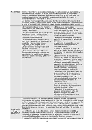 17
NATURALES mismas y contribuyen al cuidado de la salud personal y colectiva, a la protección y
mejoramiento del ambiente en el que viven y a la comprensión de los procesos
mediante los cuales la vida se perpetúa y evoluciona sobre la Tierra. Por todo ello
resultan conocimientos imprescindibles para construir actitudes de respeto y
comportamientos de protección de la vida.
Las Ciencias Naturales permiten, entonces, abordar las múltiples dimensiones de la
sexualidad humana, con particular énfasis en los aspectos biológicos, favoreciendo así
la toma de decisiones que aseguren un mayor cuidado para cada uno y los demás.
_ El reconocimiento del cuerpo humano
como totalidad con necesidades de afecto,
cuidado y valoración.
_ El reconocimiento del propio cuerpo y de
las distintas partes y los caracteres
sexuales de mujeres y varones con sus
cambios a lo largo de la vida.
_ El reconocimiento y el respeto de las
emociones y sentimientos vinculados a la
sexualidad y sus cambios: miedo,
vergüenza, pudor, alegría, placer.
_ El conocimiento de los procesos de la
reproducción humana.
_ El reconocimiento de las diferencias
biológicas entre mujeres y varones. La
identificación de prejuicios y prácticas
referidas a las capacidades y aptitudes de
niños y niñas.
_ El avance en el proceso del
reconocimiento del cuerpo y sus distintas
partes y en la identificación de las
particularidades y diferencias anátomo-
fisiológicas de mujeres y varones, en las
diferentes etapas evolutivas.
_ El reconocimiento de las implicancias
afectivas de los cambios en la infancia y
pubertad.
La valoración de los cambios en los
sentimientos que se producen en
mujeres y varones.
El miedo, la vergüenza, el pudor, la
alegría, la tristeza, el placer. El derecho a
la intimidad y el respeto a la intimidad de
los otros-as.
_ El conocimiento de los procesos
humanos vinculados con el crecimiento,
desarrollo y maduración. La procreación:
reproducción humana, embarazo, parto,
puerperio, maternidad y paternidad,
abordadas desde la dimensión biológica,
e integradas con las dimensiones
sociales, afectivas, psicológicas y
trascendentes que los constituyen.
_ El cuidado de la salud y la prevención
de enfermedades. El conocimiento de
diversos aspectos de la atención de la
salud sexual y reproductiva y el
reconocimiento de la importancia de la
prevención de enfermedades de
transmisión sexual.
_ La identificación de prejuicios y
prácticas referidas a las capacidades y
aptitudes de niños y niñas.
_ El análisis de situaciones donde
aparezca la interrelación entre los
aspectos biológicos, sociales,
psicológicos, afectivos y éticos de la
sexualidad humana.
FORMACIÓN
ÉTICA Y
CIUDADANA
La sociedad demanda a la escuela que forme personas íntegras y ciudadanos
responsables, que eduque para la vida plena de cada uno y de todos-as, y que lo haga
conforme a su dignidad de persona y a las necesidades del mundo contemporáneo. Se
trata de desarrollarse como persona y sujeto social, saber respetar y valorar a los
otros-as, entender la importancia del orden constitucional y la vida democrática, saber
defender los derechos humanos y el respeto por la propia identidad y la identidad de
los otros-as.
Los contenidos que se abordan en este campo disciplinar deben ser conocidos y
fundamentalmente deben ser ejercitados, en tanto implican la formación de las
competencias necesarias para el desarrollo de la persona, de su juicio moral, de su
responsabilidad ciudadana y de su conciencia de los derechos humanos.
El área de Formación Ética y Ciudadana aporta aprendizajes de gran relevancia para la
 