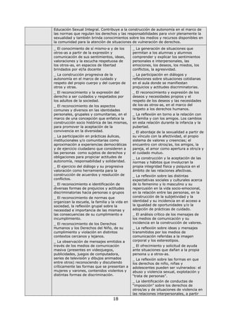 18
Educación Sexual Integral. Contribuye a la construcción de autonomía en el marco de
las normas que regulan los derechos y las responsabilidades para vivir plenamente la
sexualidad y también brinda conocimientos sobre los medios y recursos disponibles en
la comunidad para la atención de situaciones de vulneración de derechos.
_ El conocimiento de sí mismo-a y de los
otros-as a partir de la expresión y
comunicación de sus sentimientos, ideas,
valoraciones y la escucha respetuosa de
los otros-as, en espacios de libertad
brindados por el/la docente
_ La construcción progresiva de la
autonomía en el marco de cuidado y
respeto del propio cuerpo y del cuerpo de
otros y otras.
_ El reconocimiento y la expresión del
derecho a ser cuidados y respetados por
los adultos de la sociedad.
_ El reconocimiento de los aspectos
comunes y diversos en las identidades
personales, grupales y comunitarias, en el
marco de una concepción que enfatice la
construcción socio histórica de las mismas,
para promover la aceptación de la
convivencia en la diversidad.
_ La participación en prácticas áulicas,
institucionales y/o comunitarias como
aproximación a experiencias democráticas
y de ejercicio ciudadano que consideren a
las personas como sujetos de derechos y
obligaciones para propiciar actitudes de
autonomía, responsabilidad y solidaridad.
_ El ejercicio del diálogo y su progresiva
valoración como herramienta para la
construcción de acuerdos y resolución de
conflictos.
_ El reconocimiento e identificación de
diversas formas de prejuicios y actitudes
discriminatorias hacia personas o grupos
_ El reconocimiento de normas que
organizan la escuela, la familia y la vida en
sociedad, la reflexión grupal sobre la
necesidad e importancia de las mismas y
las consecuencias de su cumplimiento e
incumplimiento.
_ El reconocimiento de los Derechos
Humanos y los Derechos del Niño, de su
cumplimiento y violación en distintos
contextos cercanos y lejanos.
_ La observación de mensajes emitidos a
través de los medios de comunicación
masiva (presentes en videojuegos,
publicidades, juegos de computadora,
series de televisión y dibujos animados
entre otros) reconociendo y discutiendo
críticamente las formas que se presentan a
mujeres y varones, contenidos violentos y
distintas formas de discriminación.
_ La generación de situaciones que
permitan a los alumnas y alumnos
comprender y explicar los sentimientos
personales e interpersonales, las
emociones, los deseos, los miedos, los
conflictos, la agresividad.
_ La participación en diálogos y
reflexiones sobre situaciones cotidianas
en el aula donde se manifiestan
prejuicios y actitudes discriminatorias.
_ El reconocimiento y expresión de los
deseos y necesidades propios y el
respeto de los deseos y las necesidades
de los-as otros-as, en el marco del
respeto a los derechos humanos.
_ La reflexión en torno a la relación con
la familia y con los amigos. Los cambios
en esta relación durante la infancia y la
pubertad.
_ El abordaje de la sexualidad a partir de
su vínculo con la afectividad, el propio
sistema de valores y creencias; el
encuentro con otros/as, los amigos, la
pareja, el amor como apertura a otro/a y
el cuidado mutuo.
_ La construcción y la aceptación de las
normas y hábitos que involucran la
propia integridad física y psíquica en el
ámbito de las relaciones afectivas.
_ La reflexión sobre las distintas
expectativas sociales y culturales acerca
de lo femenino y lo masculino y su
repercusión en la vida socio-emocional,
en la relación entre las personas, en la
construcción de la subjetividad y la
identidad y su incidencia en el acceso a
la igualdad de oportunidades y/o la
adopción de prácticas de cuidado.
_ El análisis crítico de los mensajes de
los medios de comunicación y su
incidencia en la construcción de valores.
_ La reflexión sobre ideas y mensajes
transmitidos por los medios de
comunicación referidas a la imagen
corporal y los estereotipos.
_ El ofrecimiento y solicitud de ayuda
ante situaciones que dañan a la propia
persona u a otros-as.
_ La reflexión sobre las formas en que
los derechos de niño, niñas y
adolescentes pueden ser vulnerados: el
abuso y violencia sexual, explotación y
“trata de personas”.
_ La identificación de conductas de
“imposición” sobre los derechos de
otros/as y de situaciones de violencia en
las relaciones interpersonales, a partir
 