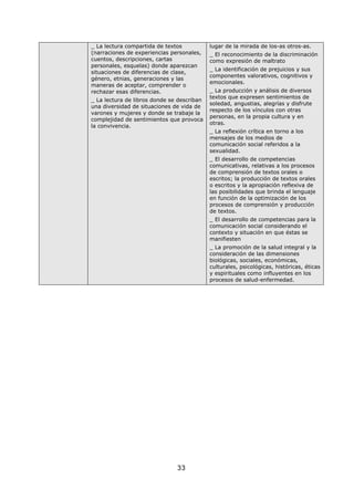 33
_ La lectura compartida de textos
(narraciones de experiencias personales,
cuentos, descripciones, cartas
personales, esquelas) donde aparezcan
situaciones de diferencias de clase,
género, etnias, generaciones y las
maneras de aceptar, comprender o
rechazar esas diferencias.
_ La lectura de libros donde se describan
una diversidad de situaciones de vida de
varones y mujeres y donde se trabaje la
complejidad de sentimientos que provoca
la convivencia.
lugar de la mirada de los-as otros-as.
_ El reconocimiento de la discriminación
como expresión de maltrato
_ La identificación de prejuicios y sus
componentes valorativos, cognitivos y
emocionales.
_ La producción y análisis de diversos
textos que expresen sentimientos de
soledad, angustias, alegrías y disfrute
respecto de los vínculos con otras
personas, en la propia cultura y en
otras.
_ La reflexión crítica en torno a los
mensajes de los medios de
comunicación social referidos a la
sexualidad.
_ El desarrollo de competencias
comunicativas, relativas a los procesos
de comprensión de textos orales o
escritos; la producción de textos orales
o escritos y la apropiación reflexiva de
las posibilidades que brinda el lenguaje
en función de la optimización de los
procesos de comprensión y producción
de textos.
_ El desarrollo de competencias para la
comunicación social considerando el
contexto y situación en que éstas se
manifiesten
_ La promoción de la salud integral y la
consideración de las dimensiones
biológicas, sociales, económicas,
culturales, psicológicas, históricas, éticas
y espirituales como influyentes en los
procesos de salud-enfermedad.
 