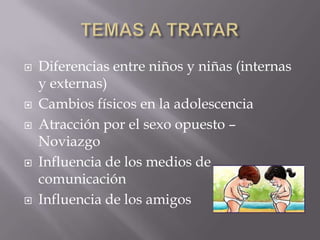    Diferencias entre niños y niñas (internas
    y externas)
   Cambios físicos en la adolescencia
   Atracción por el sexo opuesto –
    Noviazgo
   Influencia de los medios de
    comunicación
   Influencia de los amigos
 