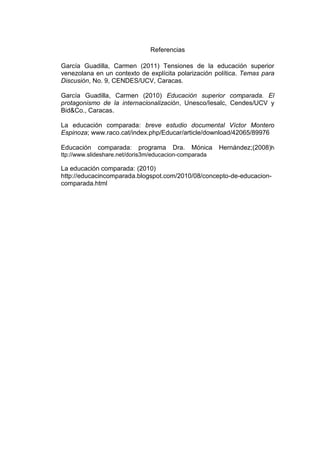 Referencias
García Guadilla, Carmen (2011) Tensiones de la educación superior
venezolana en un contexto de explícita polarización política. Temas para
Discusión, No. 9, CENDES/UCV, Caracas.
García Guadilla, Carmen (2010) Educación superior comparada. El
protagonismo de la internacionalización, Unesco/Iesalc, Cendes/UCV y
Bid&Co., Caracas.
La educación comparada: breve estudio documental Víctor Montero
Espinoza; www.raco.cat/index.php/Educar/article/download/42065/89976
Educación

comparada:

programa

Dra.

Mónica

Hernández;(2008)h

ttp://www.slideshare.net/doris3m/educacion-comparada

La educación comparada: (2010)
http://educacincomparada.blogspot.com/2010/08/concepto-de-educacioncomparada.html

 