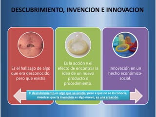DESCUBRIMIENTO, INVENCION E INNOVACION
Es el hallazgo de algo
que era desconocido,
pero que existía
Es la acción y el
efecto de encontrar la
idea de un nuevo
producto o
procedimiento.
innovación en un
hecho económico-
social.
El descubrimiento es algo que ya existía, pese a que no se lo conocía,
mientras que la invención es algo nuevo, es una creación.
sífilis
 