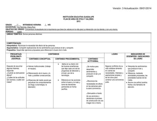 Versión: 3 Actualización: 09/01/2014 
INSTITUCIÓN EDUCATIVA GUADALUPE 
PLAN DE AREA DE ETICA Y VALORES 
2013 
GRADO: 1° INTENSIDAD HORARIA: 1 H/S 
DOCENTE(S): Yuly Ramírez; Diana Ruíz 
OBJETIVO DEL GRADO: Concientizar al estudiante de la importancia que tiene los valores en la vida para La interacción con los demás y con uno mismo. 
PERIODO: cuarto 
UNIDAD TEMÁTICA: Somos personas afectivas. 
COMPETENCIA(S): 
Interpretativa: Reconocer la necesidad del afecto de las personas. 
Argumentativa: Compartir explicaciones de los sentimientos que produce el dar y compartir. 
Propositiva: Desarrollar ejercicios propuestos para diferenciar lo bueno de lo malo. 
PREGUNTA(S) 
PROBLEMATI- ZADORA(S) 
CONTENIDOS 
LOGRO 
INDICADORES DE DESEMPEÑO / INDICADORES DE LOGRO 
CONTENIDO CONCEPTUAL 
CONTENIDO PROCEDIMENTAL 
CONTENIDO ACTITUDINAL 
Después de escuchar algunas historias, responde: 
¿Cuándo se demuestran afecto? 
¿Cuáles de las actitudes son buenas y cuales son malas? 
 Valores institucionales: (trabajo en equipo). 
 Diferenciación de lo bueno y lo malo y posibles consecuencias. 
 Influencias del medio social que perjudican los comportamientos (la droga, la tecnología, la televisión) 
 Aplica en su diario vivir las buenas enseñanzas que deja cada uno de los programas de televisión y el buen uso de la tecnología. 
 Diferencia en las acciones entre lo bueno y lo malo y toma las decisiones pertinentes en forma pacífica. 
.Se motiva para desarrollar sentimientos q producen el dar y el compartir. 
.Reconoce las necesidades de afecto en las personas para la sana convivencia. 
.Demuestra a través de sus acciones y decisiones el proceso de construcción de una imagen de si mismo. 
Negocia conflictos de su vida cotidiana teniendo en cuenta las necesidades, intereses y aspiraciones propias y las de otros para construir una convivencia justa. 
 Interpreta los sentimientos que produce el dar y compartir. 
 Diferencia, mediante actividades propuestas, las actividades buenas de las malas. 
 Asume una actitud positiva frente a los llamados de atención. 
 