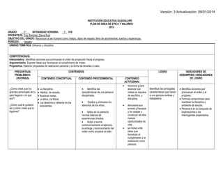 Versión: 3 Actualización: 09/01/2014 
INSTITUCIÓN EDUCATIVA GUADALUPE 
PLAN DE AREA DE ETICA Y VALORES 
2013 
GRADO: 2° INTENSIDAD HORARIA: 1 H/S 
DOCENTE(S): Yuly Ramírez; Diana Ruíz 
OBJETIVO DEL GRADO: Reconocer al ser humano como íntegro, digno de respeto, lleno de sentimientos, sueños y esperanzas. 
PERIODO: tercero 
UNIDAD TEMÁTICA: Esfuerzo y disciplina 
COMPETENCIA(S): 
Interpretativa: Identificar acciones que promuevan el orden de proyección hacia el progreso. 
Argumentativa: Exponer ideas que favorezcan el cumplimiento de metas. 
Propositiva: Elaborar propuestas de realización personal y la forma de llevarlas a cabo. 
PREGUNTA(S) 
PROBLEMATI- ZADORA(S) 
CONTENIDOS 
LOGRO 
INDICADORES DE DESEMPEÑO / INDICADORES DE LOGRO 
CONTENIDO CONCEPTUAL 
CONTENIDO PROCEDIMENTAL 
CONTENIDO ACTITUDINAL 
¿Cómo crees que los grandes personajes de tu país llegaron a lo que son? 
¿Cómo cual te gustaría ser y cómo crees que lo lograras? 
 La disciplina. 
 Hábitos de estudio. 
 Nuestras metas. 
 La ética y la Moral 
 Los derechos y deberes de los estudiantes. 
 Identifica las características de una persona disciplinada. 
 Explica y promueve los derechos de los niños. 
 Aplica en su persona normas básicas de experiencias directas 
 Acata y asume constructivamente el ejercicio, la entrega y reconocimiento del orden como proyecto al éxito 
 reconoce q para alcanzar sus metas se requiere de sacrificio, y disciplina. 
 demuestra sus errores y fracasos y los acepta y construye de ellos nuevas oportunidades de vida. 
 se motiva ante ideas que favorecen el cumplimiento y la realización como persona. 
Identificar las principales características que hacen a una persona exitosa y trabajadora. 
 Identifica acciones que promuevan al orden y el progreso. 
 Formula compromisos para mantener la disciplina y ambiente de estudio. 
 Persevera en la búsqueda de explicaciones a los interrogantes presentados. 
 
