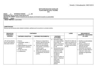 Versión: 3 Actualización: 09/01/2014 
INSTITUCIÓN EDUCATIVA GUADALUPE 
PLAN DE AREA DE ETICA Y VALORES 
2013 
GRADO: 8° INTENSIDAD HORARIA: 1 H/S 
DOCENTE(S): Alba Luz Granada, Cristian Mauricio Pino 
OBJETIVO DEL GRADO: Orientar al estudiante para que adquiera una formación de acuerdo a su personalidad. 
PERIODO: primero 
UNIDAD TEMÁTICA: La personalidad. 
COMPETENCIA(S): 
Reconoce que las personas están dotadas de actitudes y aptitudes que han asumido en su proceso evolutivo. 
PREGUNTA(S) 
PROBLEMATI- ZADORA(S) 
CONTENIDOS 
LOGRO 
INDICADORES DE DESEMPEÑO / INDICADORES DE LOGRO 
CONTENIDO CONCEPTUAL 
CONTENIDO PROCEDIMENTAL 
CONTENIDO ACTITUDINAL 
¿Por qué hay personas que se creen superior a otros seres humanos? 
 Persona. 
 Personalidad, carácter y conciencia. 
 Responsabilidad de mis actos. 
 Perfil personal, cualidades y defectos. 
 El valor de la virtud. 
 La adolescencia 
 Participa en el desarrollo de lecturas y ejercicios para auto examinarse como persona 
 Asume sus potencialidades como persona , sus errores y construir nuevas oportunidades de vida 
 Definen las características de la adolescencia y las pone en práctica. 
 Demuestran interés por la responsabilidad de sus actos, los acepta y construye de ellos nuevas formas de vida 
 Reconocimiento de la importancia que tiene el valor de la virtud teniendo en cuenta las reglas de convivencia 
 Asume una actitud de reflexión y critica de sí mismo como estrategia de mejoramiento personal 
Descubrir los valores que poseo como persona con miras a construir nuevas y mejores oportunidades de vida. 
 Identifica sus potencialidades como persona. 
 Realiza y participa en el desarrollo de lecturas y ejercicios para auto examinarse como persona. 
 Asume una actitud reflexiva y critica de sí mismo como estrategia de mejoramiento personal. 
 